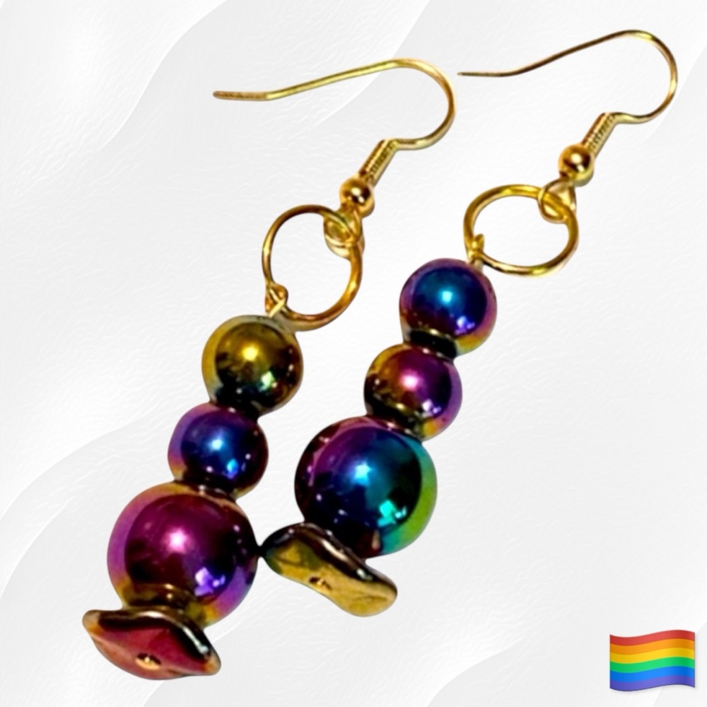 Hand Crafted Rainbow Earrings Stacked Glass Beads Tower Pride LGBTQ+ Pierced